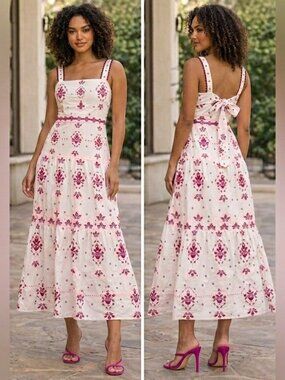 Christian Lacroix NWT White Pink Embroidered Linen Blend Tiered Maxi Dress M